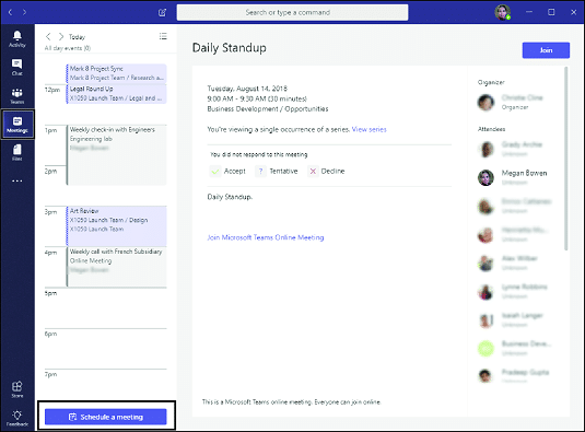 เลือก Schedule a Meeting เพื่อตั้งเวลานัดหมายใน Microsoft Teams