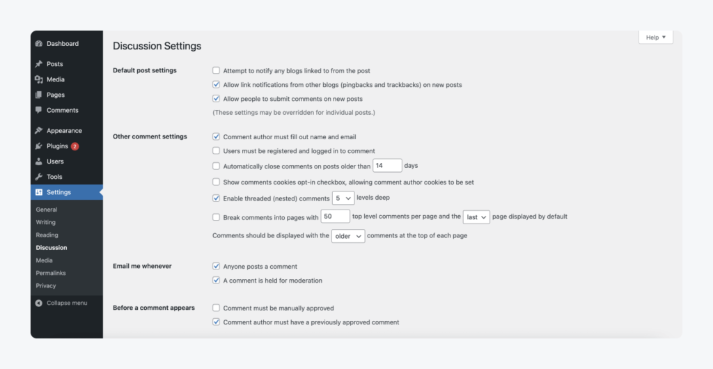 ตั้งค่าการสนทนา (Discussion Settings) ใน WordPress